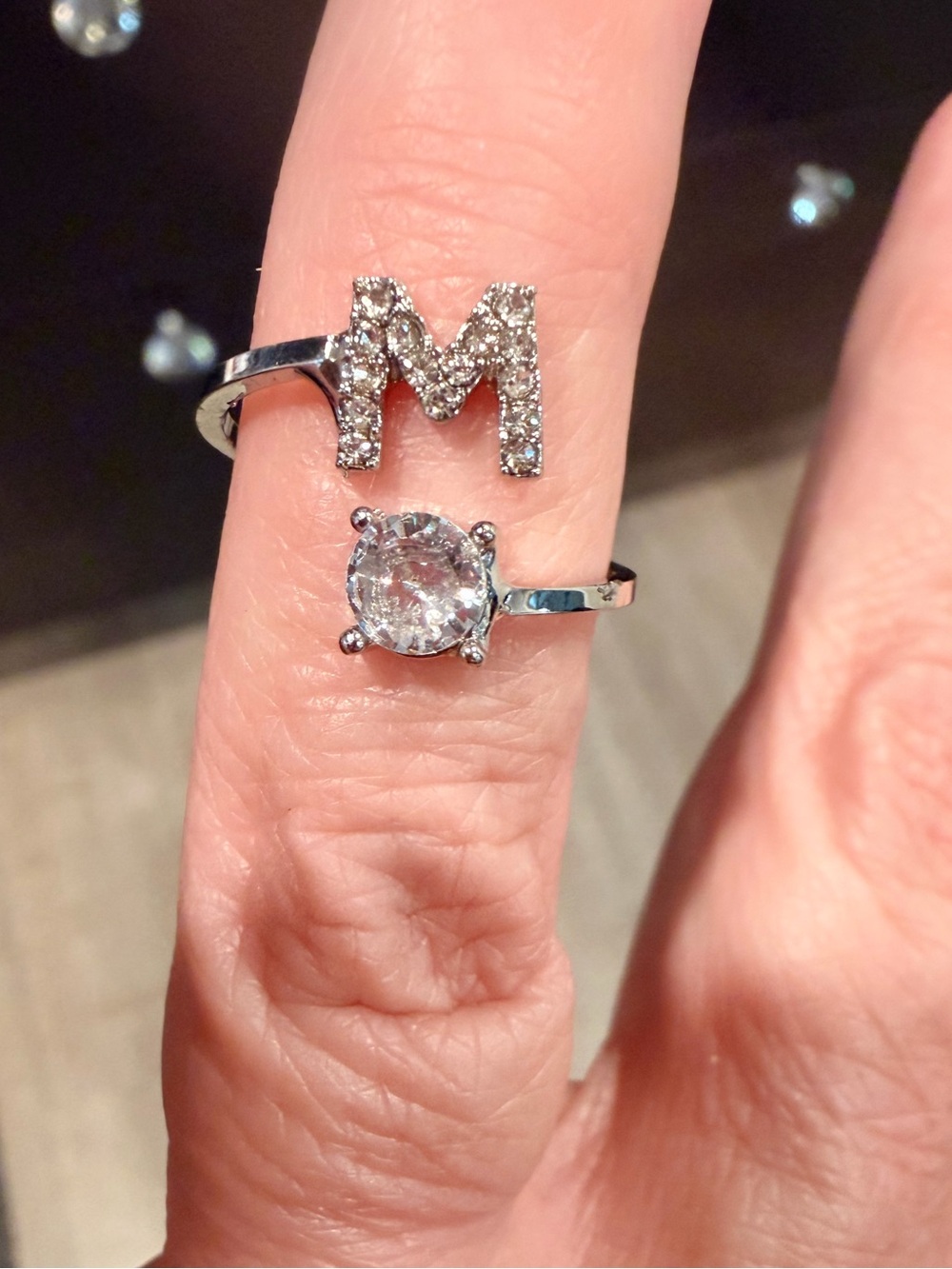 Silver Initial 'M' and Solitaire Open Band Ring Sparkling Clear Crystal
